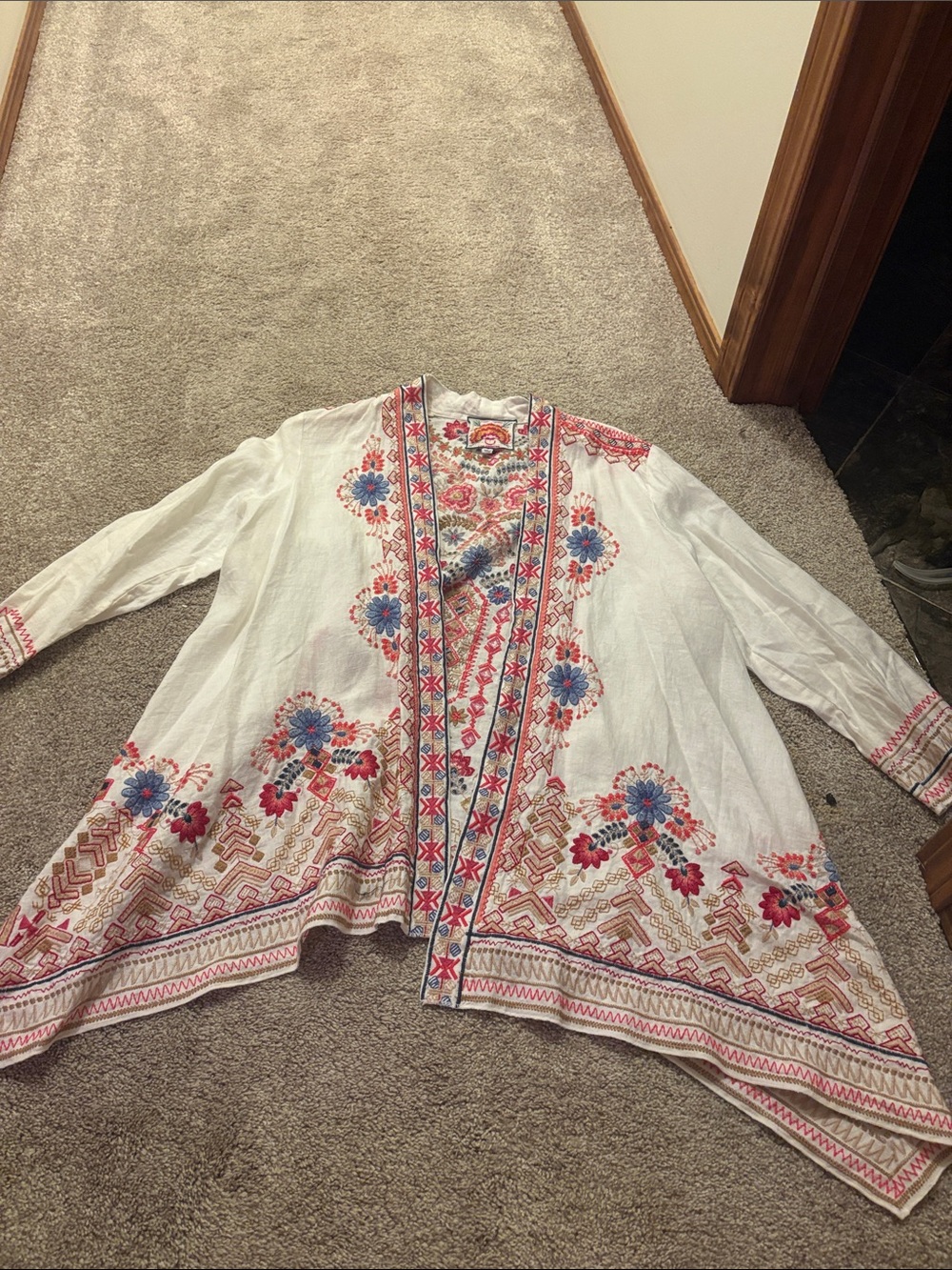 Johnny Was White Embroidered Floral Open Front Cardigan